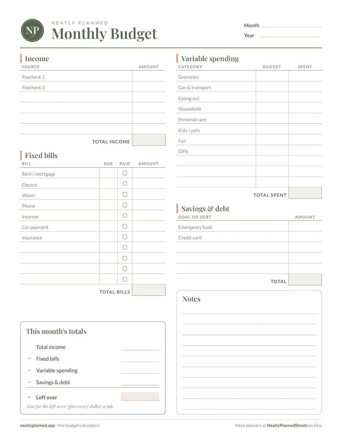 The Neatly Planned Monthly Budget printable: income, fixed bills with paid boxes, variable spending, savings and debt, this month's totals and a notes box