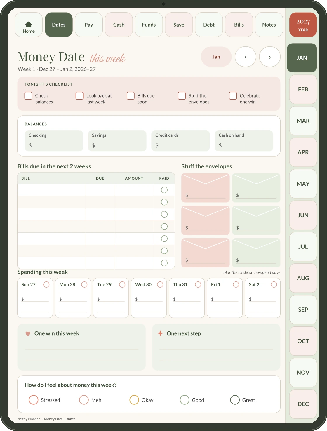 The weekly Money Date page from the sample on a tablet: checklist, balances, bills due, envelopes and spending this week, with linked tabs for each month